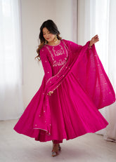 DARKPINK CHANDERI SILK ANARKALI WITH DUPPTA