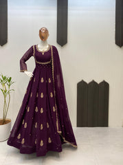 Mauve & Gold Zari Work Festive Anarkali Gown Set