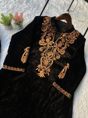 Designer Black Velvet Kurta Set with Handcrafted Gold Detailing