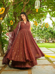 Brown Anarkali Suit with Floral Embroidered Dupatta