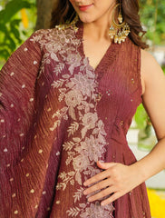 Brown Anarkali Suit with Floral Embroidered Dupatta