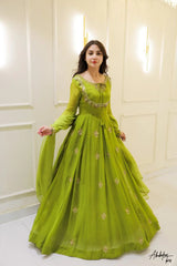 Lime Green Flowy Anarkali Suit with Embellished Border