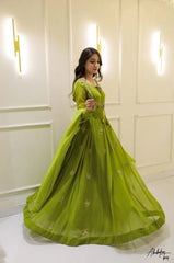 Lime Green Flowy Anarkali Suit with Embellished Border