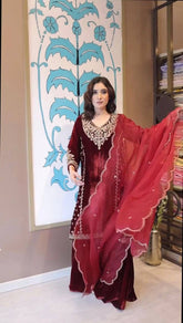 Textured Maroon Ethnic plazzo pair featuring V-Neck Bodice and Detailed Floral Threadwork