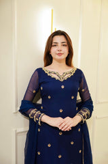 Blue Faux Georgette Embroidery With Thread Work Palazzo Suit