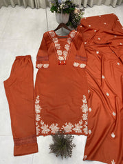 Rust Orange Floral Designer Embroidered Thread Work Kurta Pant With Dupatta Set