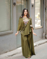 OLIVE GREEN NEW TRENDY THREE PIECE INDO WESTERN WITH SEQUENCE EMBROIDERED WORK
