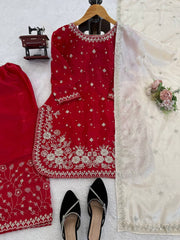 Red Organza Silk Sequence Work Designer Palzoo Suit