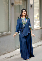NAVY BLUE NEW TRENDY THREE PIECE INDO WESTERN WITH SEQUENCE EMBROIDERED WORK
