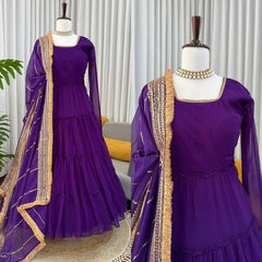 Purple Designer Party Wear Faux Georgette Ruffle Style Gown
