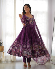 Purple Anarkali With Floral Printed