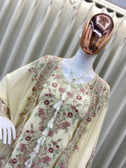 CREAM DESIGNER WEAR KURTA PLAZZO PAIR WITH SHRUGS IN SEQUENCE EMBROIDERY WORK