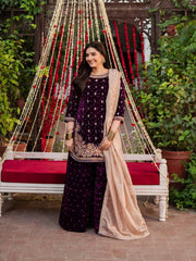 WINE DESIGNER PARTY WEAR HEAVY VISCOSE VELVET TOP WITH SHARARA