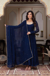 Navy Blue Faux Georgette With Handwork Gown Set