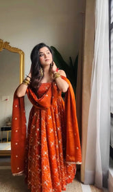 Orange Color Heavy Fendy Silk Fabric Sequence Work Anarkali Set