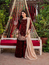 MARRON DESIGNER PARTY WEAR HEAVY VISCOSE VELVET TOP WITH SHARARA
