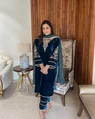 VELVET DESIGNER WEAR KURTA PLAZZO PAIR WITH EMBROIDERY WORK