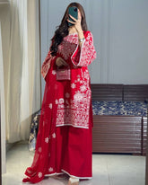 Red Colour Heavy Embroidery Work Roman Silk Plazzo Suit Set