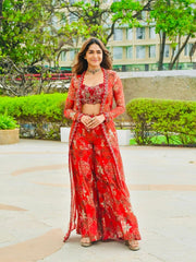 Red Rich Tibby Silk Thread With Sequence work & Digital Print Designer Sharara Set
