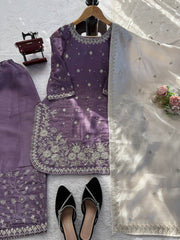 Lavender Organza Silk Sequence Work Designer Palzoo Suit