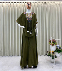 OLIVE GREEN NEW TRENDY THREE PIECE INDO WESTERN WITH SEQUENCE EMBROIDERED WORK