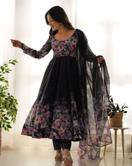 Black Anarkali With Floral Printed