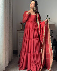 Red Designer Party Wear Faux Georgette Ruffle Style Gown