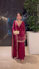 Designer Maroon Jimmy Choo Fabric Thread With Sequence Work Palazzo Suit