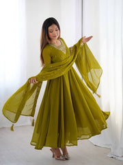 MEHNDI GREEN FOX GEORGETTE FABRIC FULLY FLAIR ANARKALI SUIT