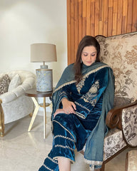 VELVET DESIGNER WEAR KURTA PLAZZO PAIR WITH EMBROIDERY WORK