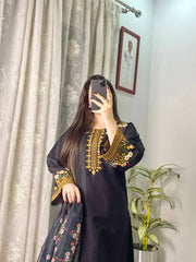 Black Designer Embroidered Roman Kurta Suit With Floral Dupatta