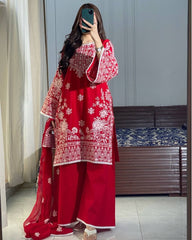 Red Colour Heavy Embroidery Work Roman Silk Plazzo Suit Set