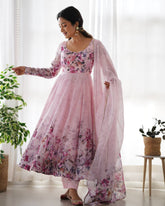 Baby Pink Anarkali With Floral Printed