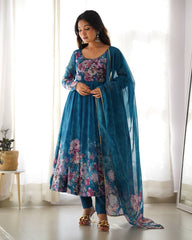 Rama Anarkali With Floral Printed