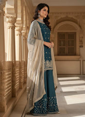 Teal Blue Organza Silk Sequence Work Designer Palzoo Suit