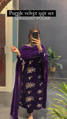PURPLE VELVET SEQUENCE WORK KURTA SUIT SET