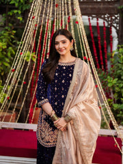 BLUE DESIGNER PARTY WEAR HEAVY VISCOSE VELVET TOP WITH SHARARA