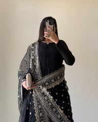 Black Colour Sequence & Thred Work Plazoo & Embroidered Work Dupatta