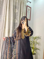 Black Designer Embroidered Roman Kurta Suit With Floral Dupatta