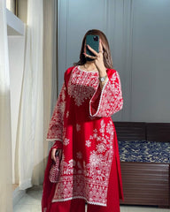 Red Colour Heavy Embroidery Work Roman Silk Plazzo Suit Set