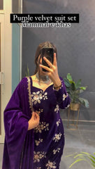 PURPLE VELVET SEQUENCE WORK KURTA SUIT SET