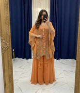 PEACH DESIGNER WEAR KURTA PLAZZO PAIR WITH SHRUGS IN SEQUENCE EMBROIDERY WORK