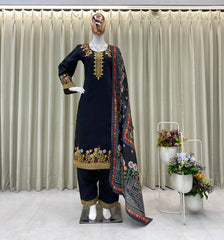 Black Designer Embroidered Roman Kurta Suit With Floral Dupatta