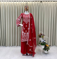 Red Colour Heavy Embroidery Work Roman Silk Plazzo Suit Set