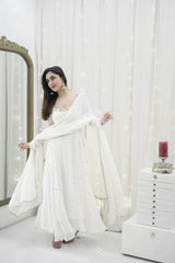 White Designer Faux Georgette With Hand Work & Fancy Lace Gown