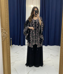 BLACK DESIGNER WEAR KURTA PLAZZO PAIR WITH SHRUGS IN SEQUENCE EMBROIDERY WORK