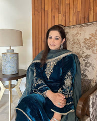 VELVET DESIGNER WEAR KURTA PLAZZO PAIR WITH EMBROIDERY WORK