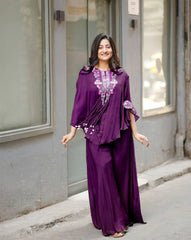 WINE NEW TRENDY THREE PIECE INDO WESTERN WITH SEQUENCE EMBROIDERED WORK