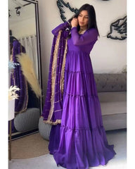 Purple Designer Party Wear Faux Georgette Ruffle Style Gown