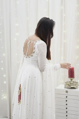White Designer Faux Georgette With Hand Work & Fancy Lace Gown